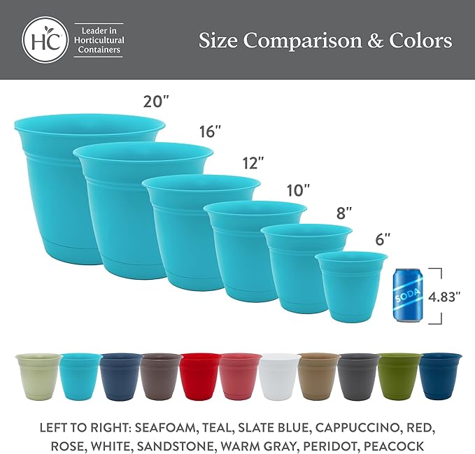 The HC Companies Eclipse Round Planter with Saucer - Outdoor & Indoor Plant Pot with Drainage Holes - Lightweight, UV-Resistant Plastic Pots for Plants, Flowers & Herbs (10" Seafoam, Pack of 1)