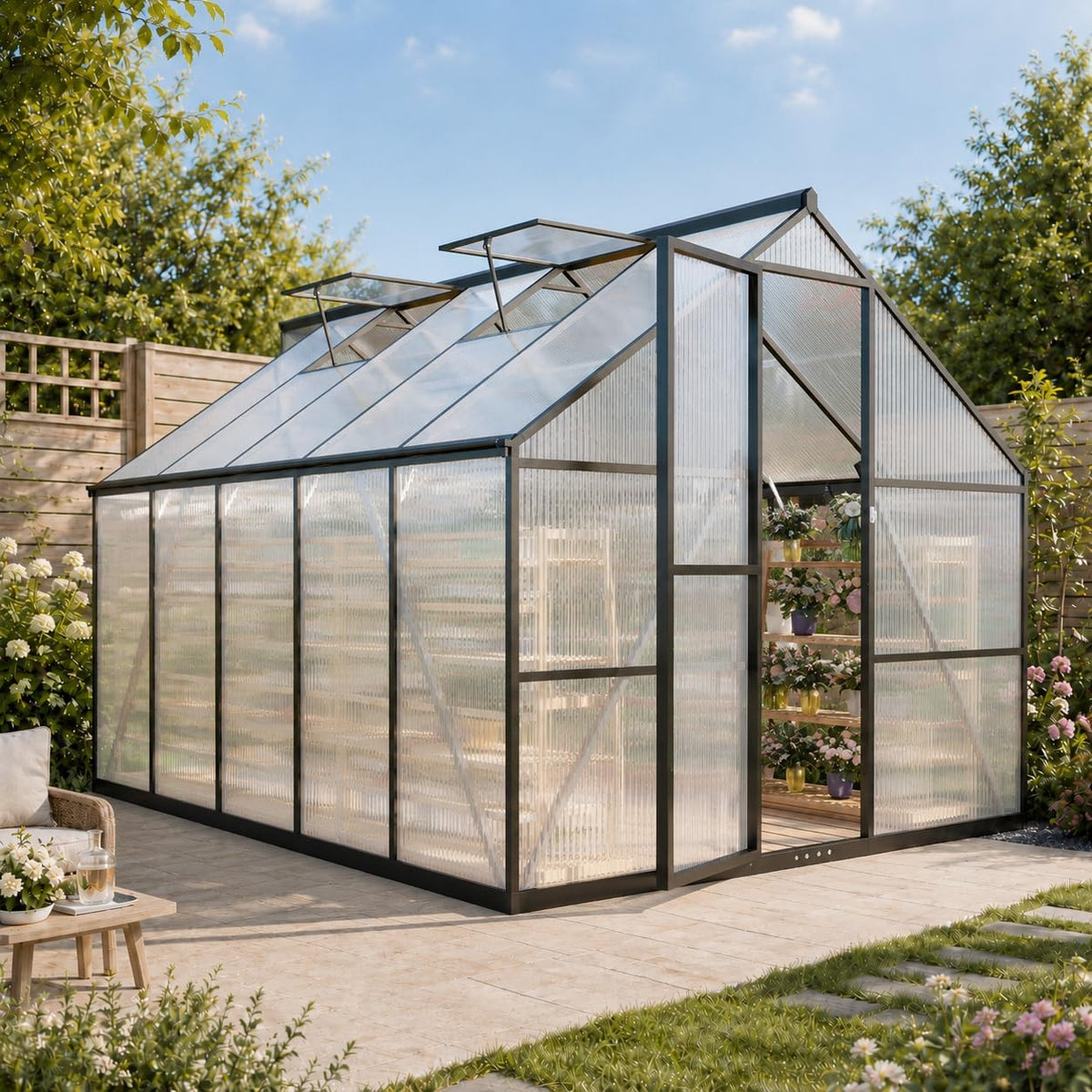 8x10 ft outdoor greenhouse with roof vent, charcoal, main product view