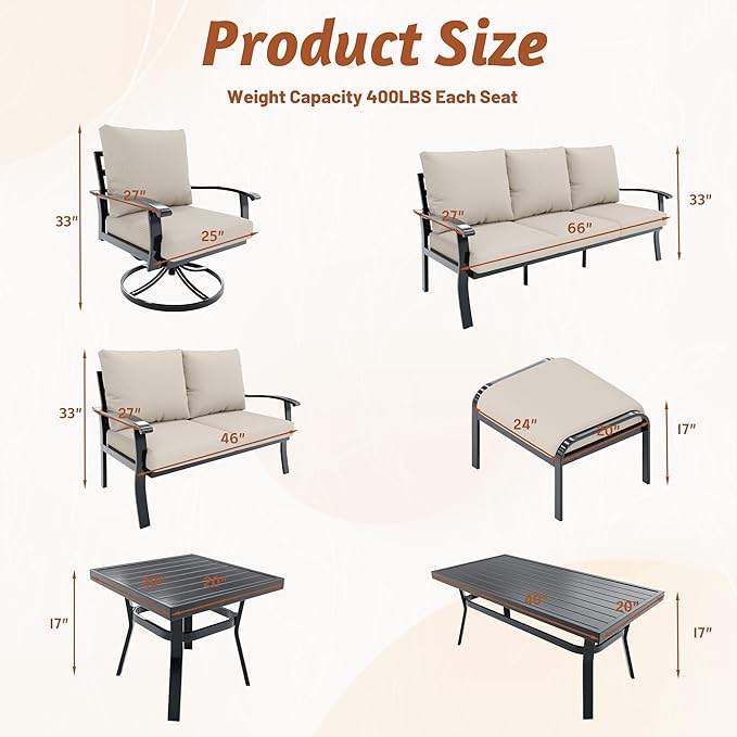 HOMREST Metal Outdoor Ottoman, 3-Piece Aluminum Footstool w/Removable Cushion, Multipurpose Footrest Stool with Coffee Side Table Additional Seating, Set of 3 Outdoor Ottomans for Patio Deck (Beige)