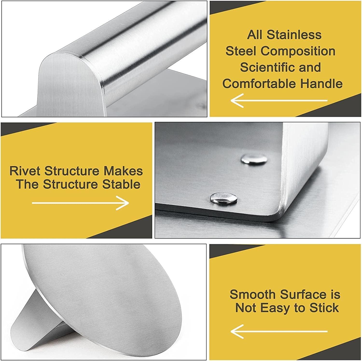 HULISEN Stainless Steel Burger Press, 6.2 inch Round Burger Smasher, Professional Griddle Accessories Kit, Grill Press Perfect for Flat Top Griddle Grill Cooking | Flat Edge, Even Pressure for Thin Patties, Dishwasher Safe, Griddle Accessories Fit Flat