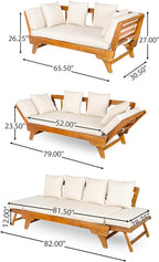 Merax Outdoor Patio Daybed Sofa,3-Seat Sofa with Foldable Arm 4 Back Pillows,Teak Acacia Wood Frame Beige Removable Cushion,Teak+ Beige