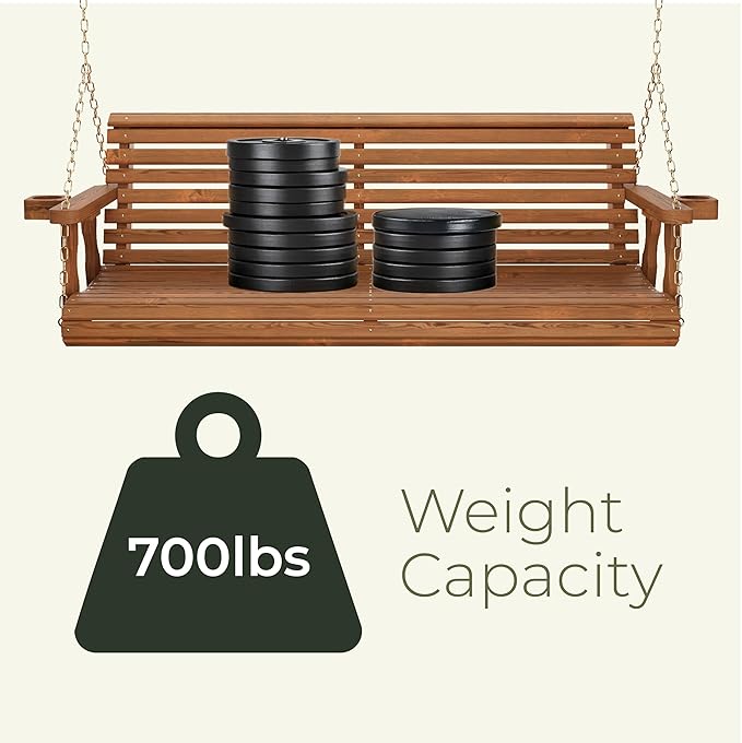 Amish Casual 4 Foot Roll Back Porch Swing with Cup Holders in Cedar Stain - Amish Made in The USA from Treated Pine Heavy Duty 700 Lb. Weight Capacity