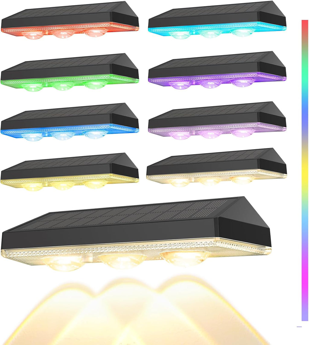 Solar Fence Lights Outdoor, Warm White & RGB 7 Color Changing, IP65 Waterproof, Dusk to Dawn Solar Deck Light for Patio, Railing, Pool, Porch, Backyard, Wall Decor, 8 Packs