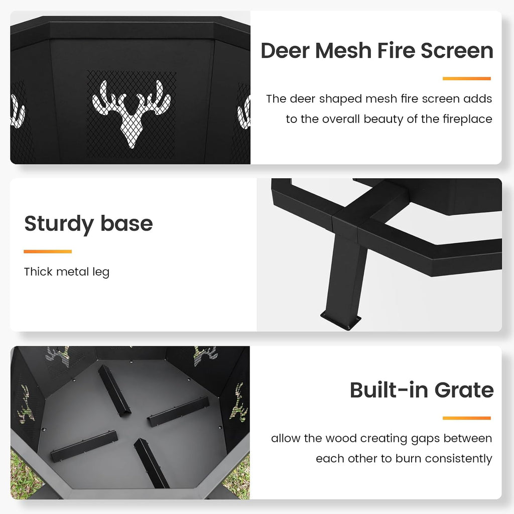 boinn 35 inch octagonal outdoor fire pit, fire, close-up detail