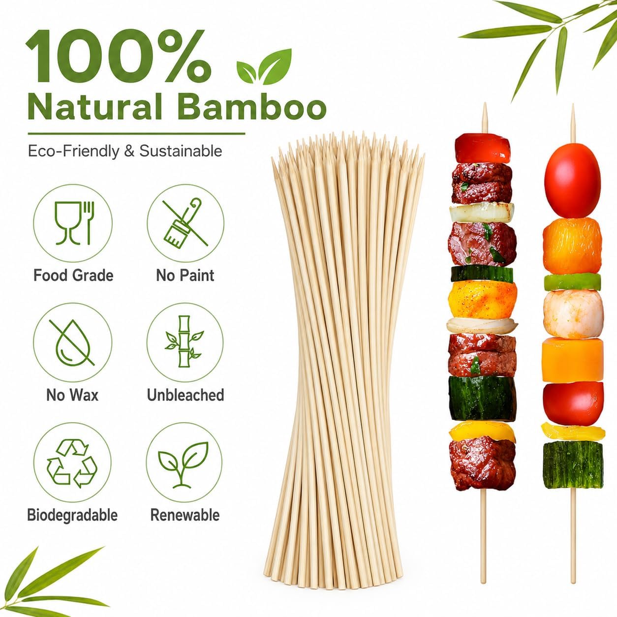100 PCS Natural Bamboo Skewers, 4/6/8/10/12 Inch 4mm Thick Heavy Duty BBQ Sticks for Grilling, Kabob, Cocktail, Fruit, Chocolate Fountain, Crafting, Party (12 inch)