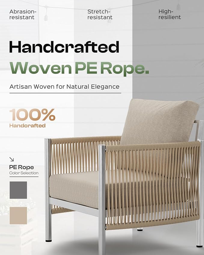 Aluminum Outdoor Patio Furniture Set with Dual-Layer Coffee Table, 4 Piece Modern Patio Conversation Sets with PE Rope, Outdoor Sectional Sofa with Thick Cushions for Balcony, Deck, Beige