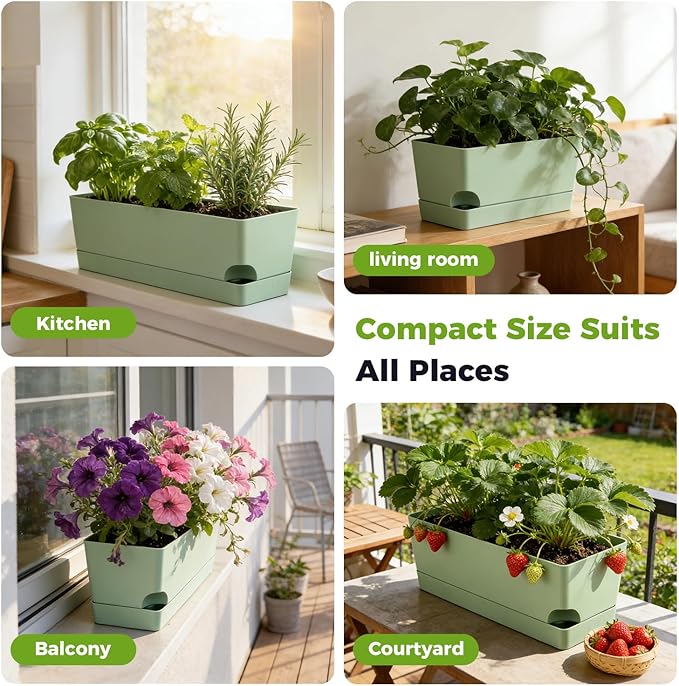 4 Pack Self Watering Pots for Indoor Plants 17 Inches Window Boxes Planters Rectangular Flower Pots Rectangle Herb Pots Large Plant Pots with Drainage Holes and Saucers Windowsill Planter, Green