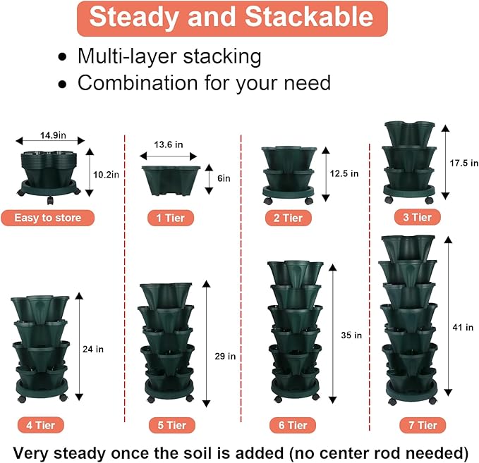 GameXcel Vertical Planter 7 Tier Stackable Planters Garden Planters Strawberry Herb Flower and Vegetable Planter Indoor Outdoor Gardening Pots with Removable Wheels and Tools 2-Pack