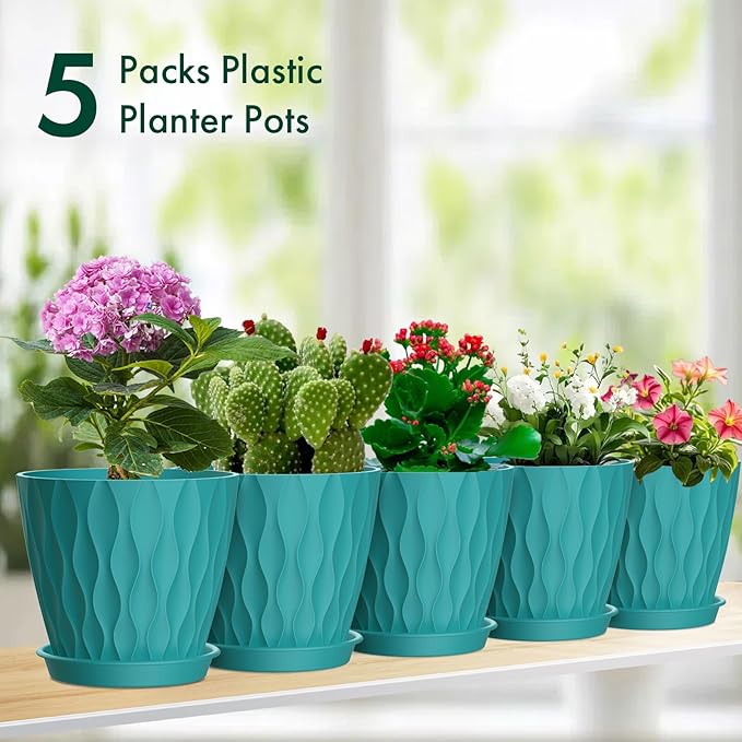 4 inch Small Plastic Nursery Pots, 5 Pack Water Ripples Flower Pots for Indoor Plants, Plant Pots with Drainage Holes and Saucers, Seedling Starter Planters for House Plants, Blue Green