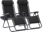 JEAREY Zero Gravity Lounge Chairs Set of 2, Adjustable Steel Mesh Recliners with Pillows and Cup Holder Trays for Patio, Garden, Beach, Black