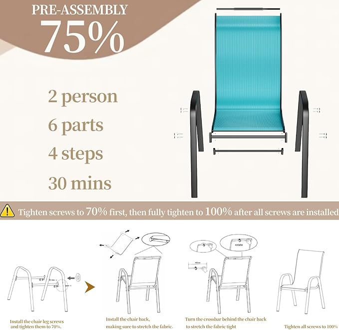 MAMIZO Patio Dining Chairs, Stackable All Weather Teslin Chair, Heavy Duty Outdoor Breathable Chairs Set, w/Armrests, Upgraded Chair FeetW/Strenthened Iron Spacers, 330 LBS (6, Turquoise Blue)