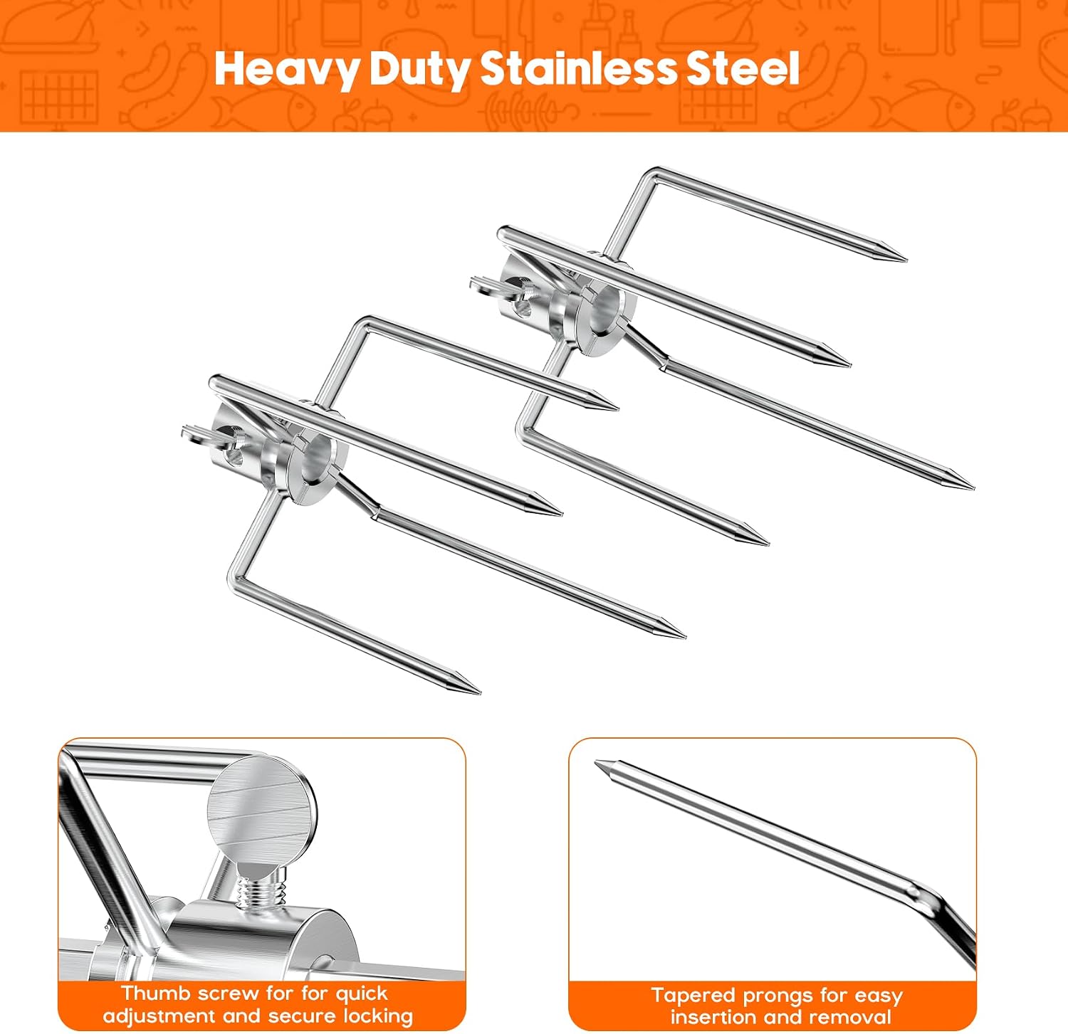 Skyflame Heavy Duty Stainless Steel Rotisserie Meat Forks | Fits 1/2-Inch and 3/8-Inch Hexagon Spit Rods, Fits 3/8-Inch and 5/16-Inch Square Spit Rods