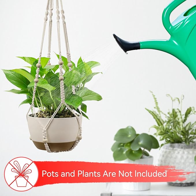 USLAI Macrame Plant Hanger Indoor Outdoor, Fits 4 to 15 Inch Pots, Strong Hanging Planter Holder, Boho Home Decor, 49+35 Inch, Ivory (POTS NOT Included)