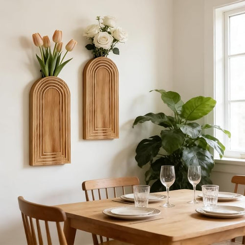 2 Pack Wooden Wall Vase Set, Boho Hanging Planter for Indoor Plants & Flowers, Wood Wall-Mounted Planters for Living Room, Modern Farmhouse Entryway or Bathroom, Rustic Art for Home (Brown)