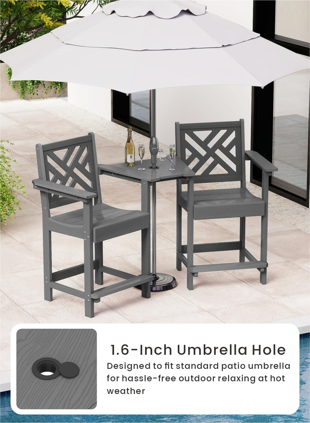 Tall Adirondack Chairs Set of 2, Outdoor 24'' Counter Height Bar Stools with Back and Arms, All-Weather HDPE Patio Tall Chairs for Balcony, Backyard, Garden, Deck (Grey)