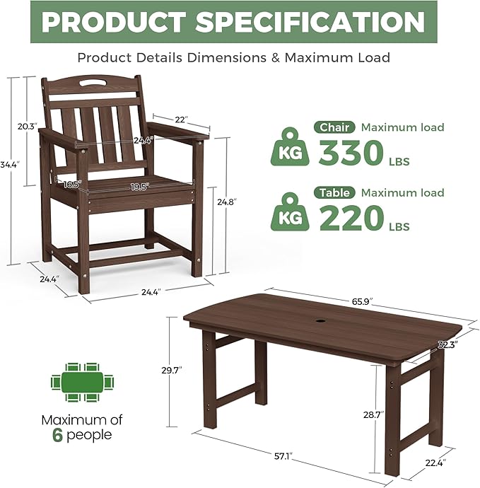 HDPE Outdoor Patio Dining Set with Table & 6 Chairs, All-Weather 7-Piece Outdoor Table and Chairs, 2" Umbrella Hole, Patio Furniture for Garden, Backyard, Deck | Brown