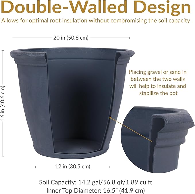Sunnydaze 20-Inch Anjelica Large Plastic Pot for Plants - Outdoor Double-Walled Large Plastic Planter with Drillable Drainage Holes - Slate - 2pk