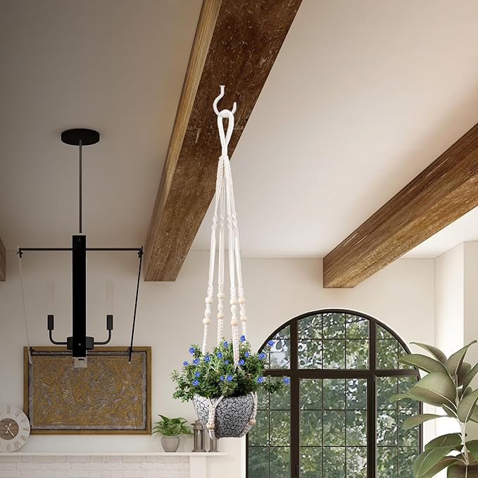 RIFNY Macrame Plant Hanger Indoor, 35 Inch Hanging Plant Holder with Hooks, Large Boho Hanging Basket Plant Hanger for Wall Window Ceiling Plants Decor (White, 1PC)