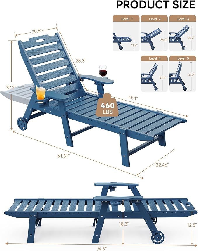 Carauci Lounge Chair Outdoor, HDPE Chaise Lounge with Wheels, 5-Position Adjustable Backrest & 2 Cup Holders Patio Lounge Chair, All-Weather Pool Sun Lounger for Poolside, Backyard, Blue