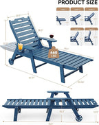 Carauci Lounge Chair Outdoor, HDPE Chaise Lounge with Wheels, 5-Position Adjustable Backrest & 2 Cup Holders Patio Lounge Chair, All-Weather Pool Sun Lounger for Poolside, Backyard, Blue