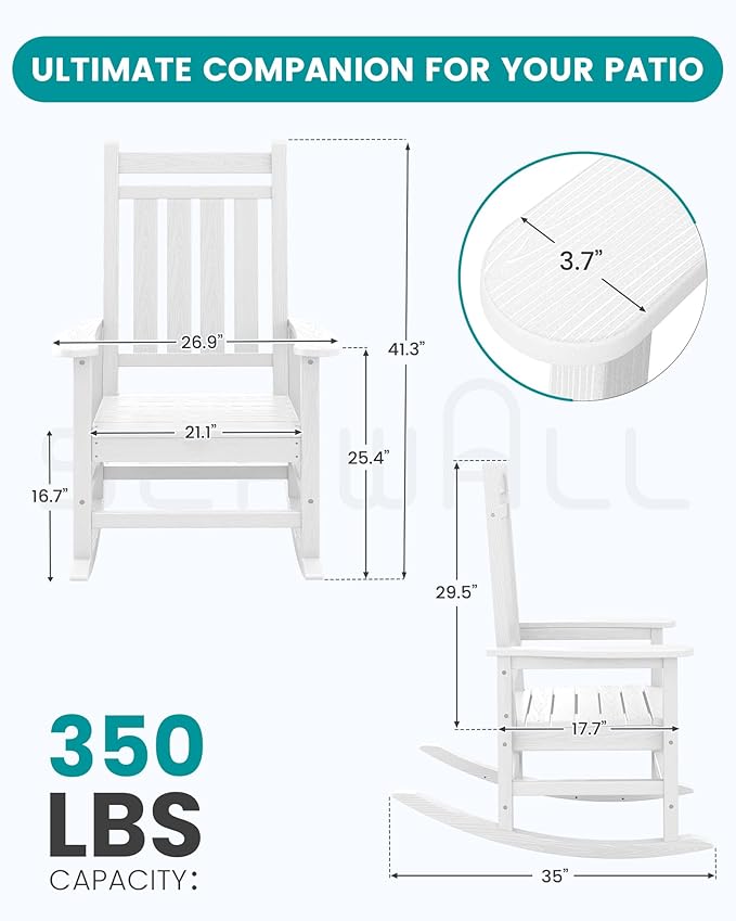 SERWALL Oversized Outdoor Rocking Chair Set of 2, HDPE Rocker for Adults, Patio Rocking Chairs for Porch, White