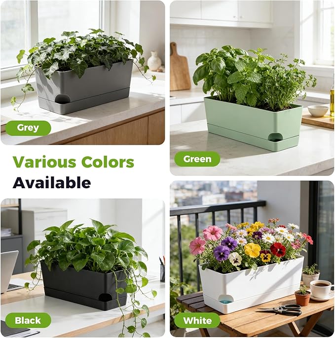 4 Pack Self Watering Pots for Indoor Plants 17 Inches Window Boxes Planters Rectangular Flower Pots Rectangle Herb Pots Large Plant Pots with Drainage Holes and Saucers Windowsill Planter, Green