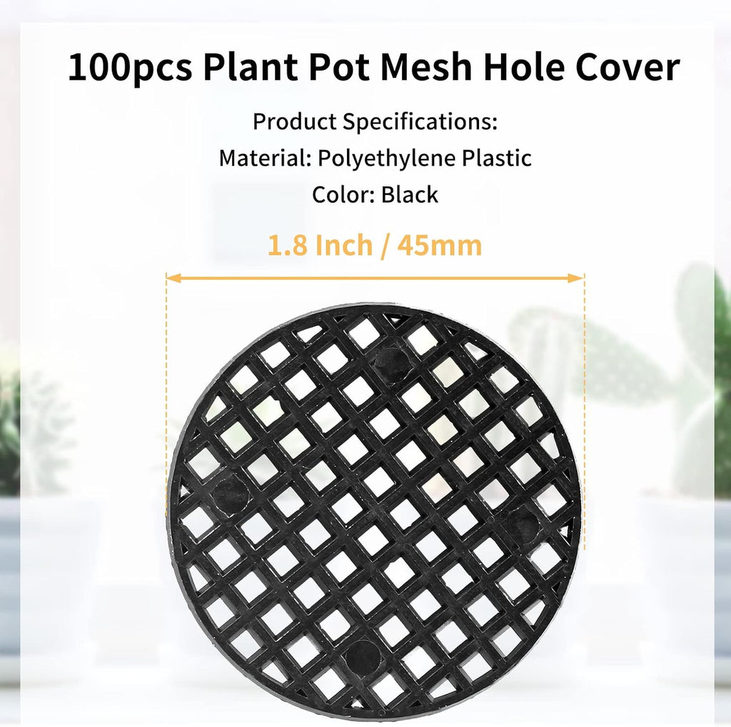 Bivethoi Plant Pot Mesh Hole Cover, 1.8" / 45mm, Black, 100pcs | Bonsai Drainage Mesh Insert, Round Mesh Screen, Prevents Soil Loss, Bottom Grid Mat