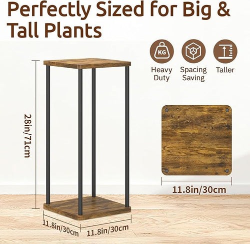 2 Tier Plant Stand Indoor, Oppro 28In Tall Corner Vertical Wood Metal Shelf, Square Modern Black Large Planter Table Heavy Duty Flower Pot Holder Rack for Narrow House Living Room Floor Orchid, Rustic