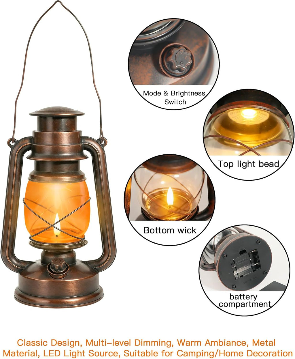 Double Mode Flame Retro Lantern, Battery Operated Vintage LED Candle Light, Adjustable Brightness, Waterproof IP65, Home, Garden & Camping Decor – 2 Pack