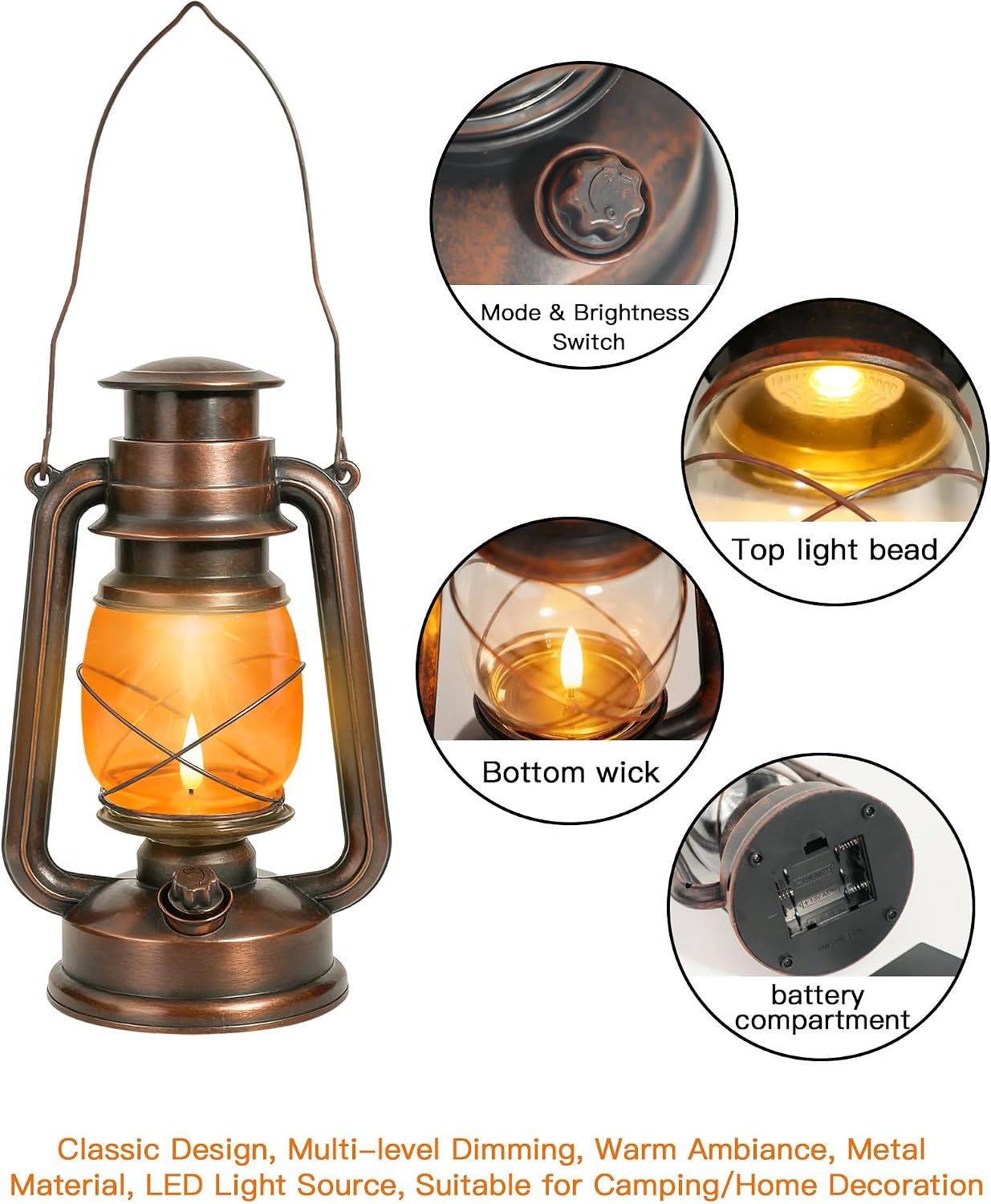 Double Mode Flame Retro Lantern, Battery Operated Vintage LED Candle Light, Adjustable Brightness, Waterproof IP65, Home, Garden & Camping Decor – 2 Pack