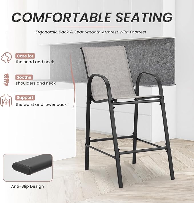 HOMREST Outdoor Bar Height Stools Set of 6,High Back Patio Chairs with Armrests,Textilene Chairs with Breathable Fabric & Metal Frame for All Weather,Light Grey
