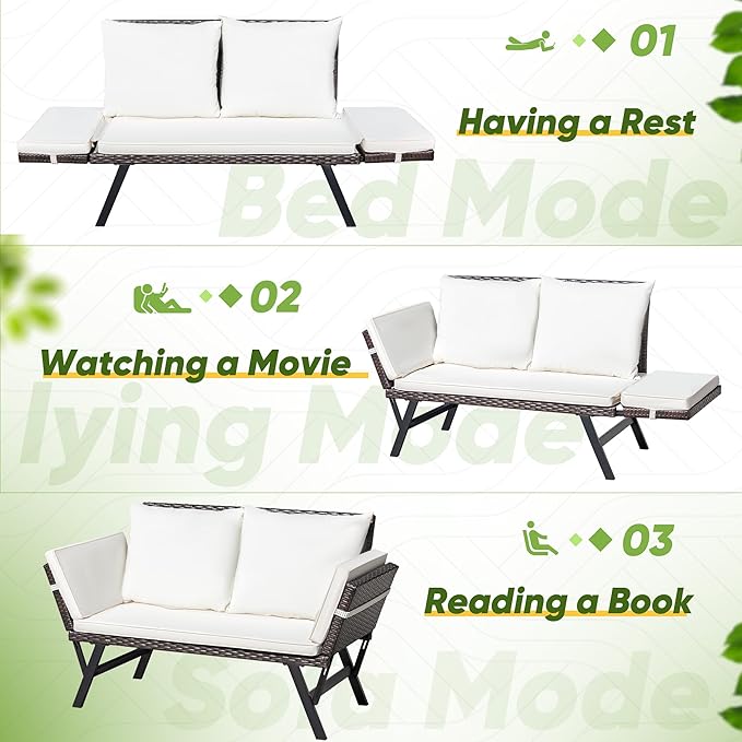 Greesum Outdoor Sofa, Woven Rattan Patio Furniture, Convertible Daybed or Double Chair with Adjustable Armrests, Cushions and Pillows for Yard, Porch, Pool, Brown Lounger & Beige Pillowcase