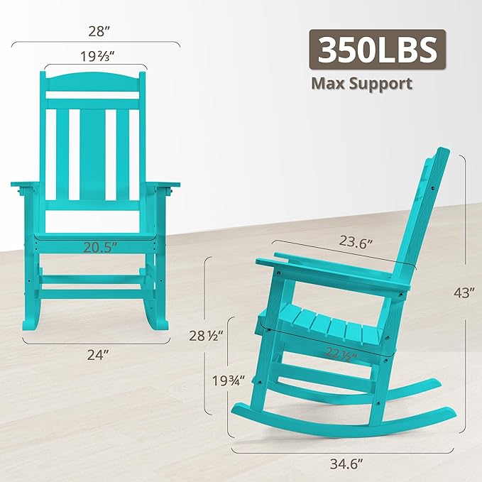 LUE BONA Outdoor Rocking Chairs Set of 4, HDPS Porch Rocker with High Back, Plastic Weather Resistant Rocking Chairs for Outdoor Indoor, Garden, Backyard, 350lb, Aruba Blue