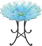 MUMTOP Outdoor Glass Bird Bath with Metal Stand for Yard Garden Decor, Blue | 18 Inch Diameter 21 Inch Height Outdoor Large Blue Flower Bird Baths Bowl for Backyard Lawn Garden Decoration