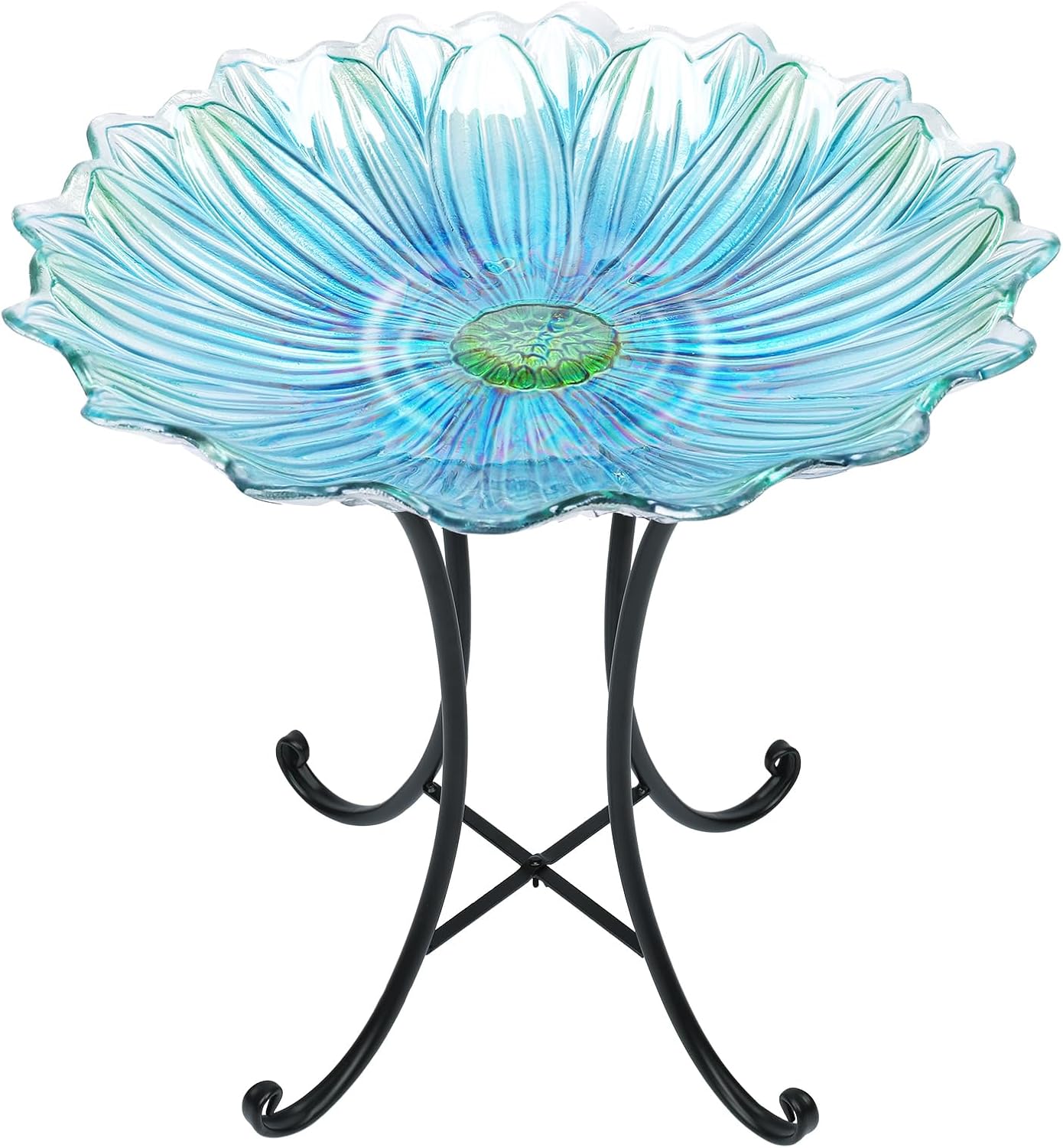MUMTOP Outdoor Glass Bird Bath with Metal Stand for Yard Garden Decor, Blue | 18 Inch Diameter 21 Inch Height Outdoor Large Blue Flower Bird Baths Bowl for Backyard Lawn Garden Decoration