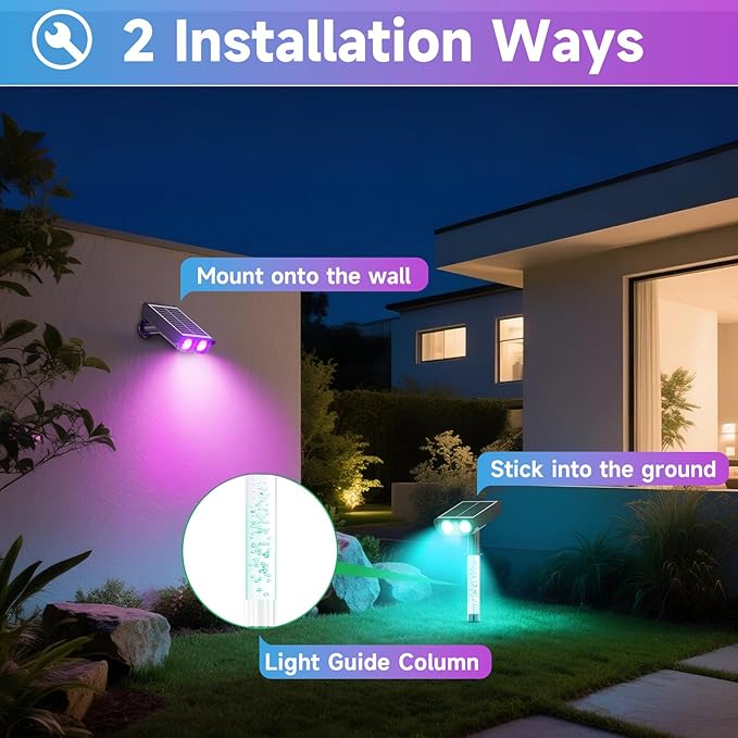 Color Changing Solar Spot Lights Outdoor with PC Light Guide Column, 8 Lighting Modes Christmas Landscape Spotlights, IP65 Waterproof RGB Solar Spotlights for Garden Yard Tree Pathway, 12Pack
