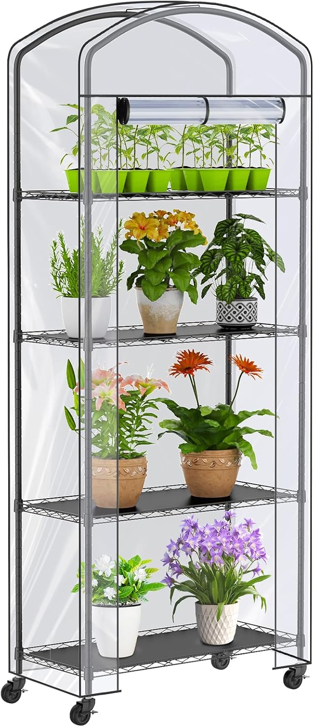 4-tier greenhouse with wheels, height-adjustable shelves metal plant, main product view