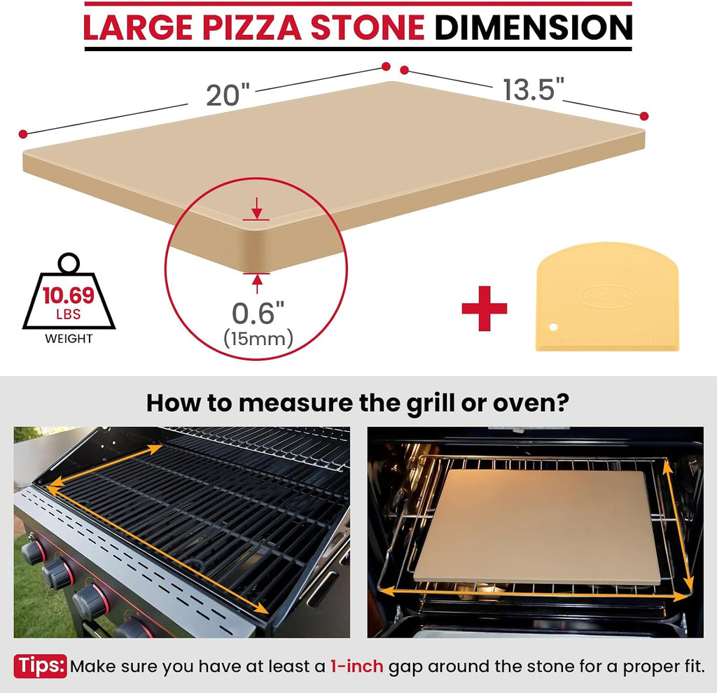Unicook 20 x 13.5 Inch Extra Large Pizza Stone for Oven and Grill, 10.6 Lbs | Heavy Duty, Even Heating&Consistent Heat Retention, Crispy Crust for 2 Small Pizzas, Bread, Cookies, Includes Dough Scraper