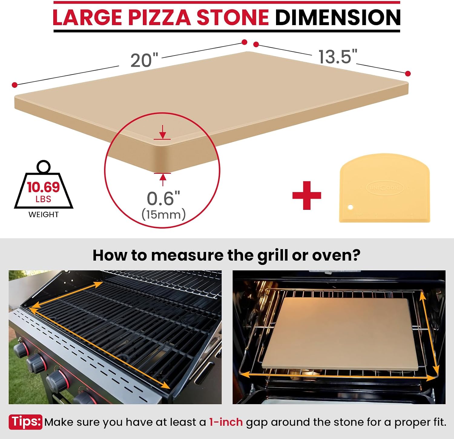 Unicook 20 x 13.5 Inch Extra Large Pizza Stone for Oven and Grill, 10.6 Lbs | Heavy Duty, Even Heating&Consistent Heat Retention, Crispy Crust for 2 Small Pizzas, Bread, Cookies, Includes Dough Scraper