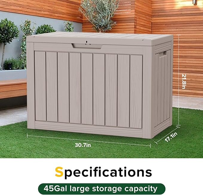 EasyUp 45 Gallon Outdoor Storage Box Waterproof, UV Resistant Deck Box Outdoor, Lockable Resin Deck Boxes for Garden Tools Equipment and Cushions, Gray