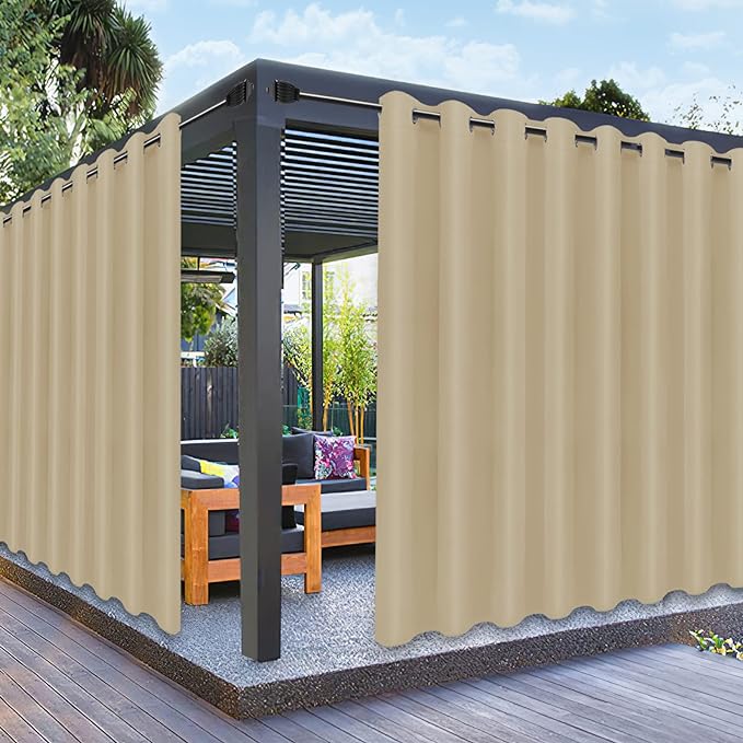 PureFit Outdoor Curtains for Patio Waterproof Weatherproof, UV Resistant Outside Curtains for Gazebo, Front Porch, Pergola, Sun Blocking Privacy Curtain, 150W x 95L inch, 1 Panel, Beige