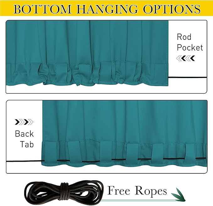 NICETOWN 2 Panels Outdoor Curtains Waterproof Pocket & Back Tab on Top & Bottom, Thermal Insulated Windproof Sun Blocking Outside Privacy Drapes for Patio with Fixed Rope, W52 x L84, Peacock Teal