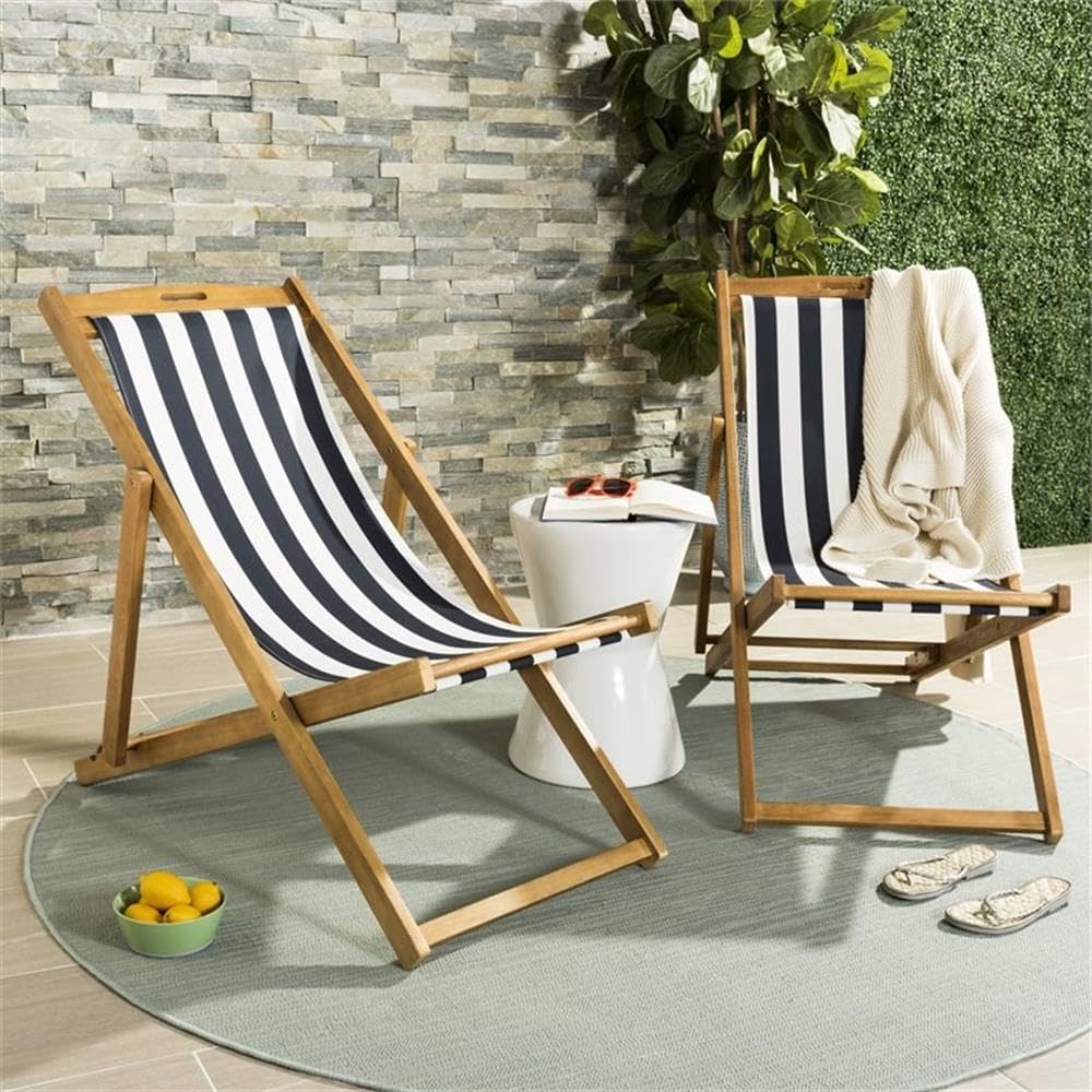 SAFAVIEH Outdoor - Loren Folding Sling Chair Set of 2 - Natural & Navy Stripe - Solid Wood Frame - Portable Bistro Design - Ideal for Patio, Poolside, Backyard, 24" W x 43" D x 25" H (PAT7040A-SET2)
