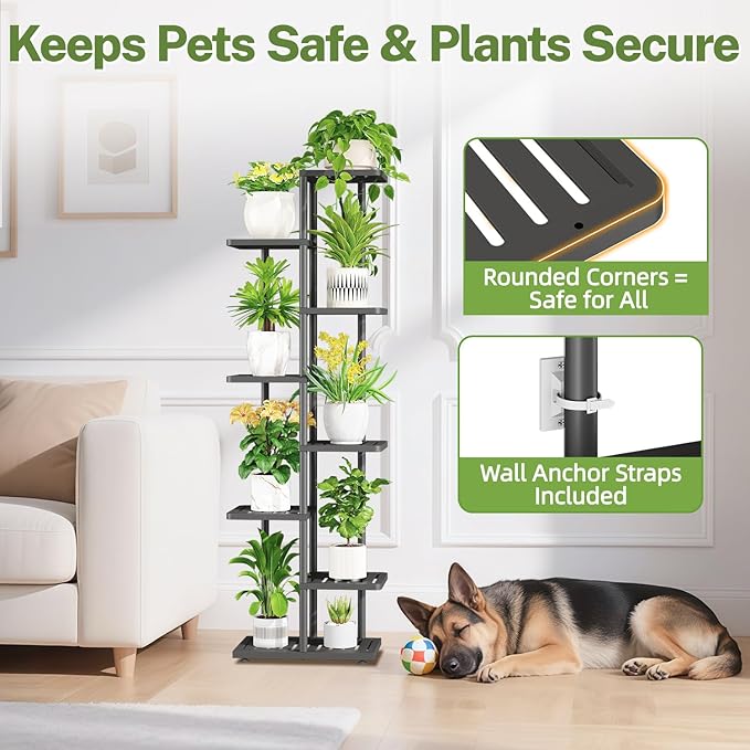 iDavosic.ly Plant Stand Indoor with Grow Light, 7-Tier Tall Metal Flower Shelf for Heavy-Duty Large Planters, Corner Orchid Display Rack for Living Room Balcony Patio Porch, Modern Black