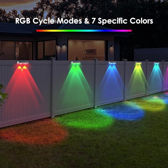 2 Pack Solar Fence Lights Outdoor, 2PK Solar Outdoor Light Warm White & RGB Solar Powered Lights for Outside Backyard, Patio, Deck Fence, Stair Handrail, Pool and Wall