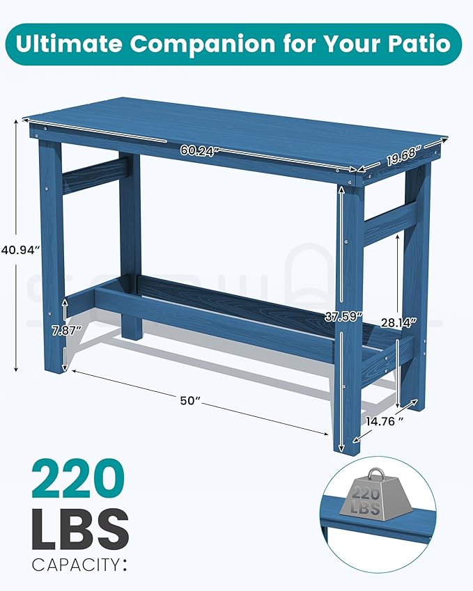 SERWALL 41" Outdoor Bar Table with 1.6" Umbrella Hole, HDPE Patio Bar Counter Height Table, All-Weather Rectangle Bar Table for Backyard, Garden, Poolside, Balcony - Blue