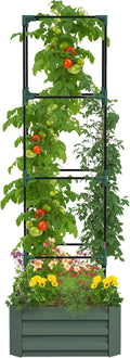 Outsunny Galvanized Raised Garden Bed, 73.5" Tall Outdoor Planter Box with Trellis Tomato Cage and Open Bottom for Climbing Vines, Vegetables, Flowers in Backyard, Garden, Patio, Green