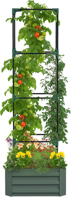 Outsunny Galvanized Raised Garden Bed, 73.5" Tall Outdoor Planter Box with Trellis Tomato Cage and Open Bottom for Climbing Vines, Vegetables, Flowers in Backyard, Garden, Patio, Green