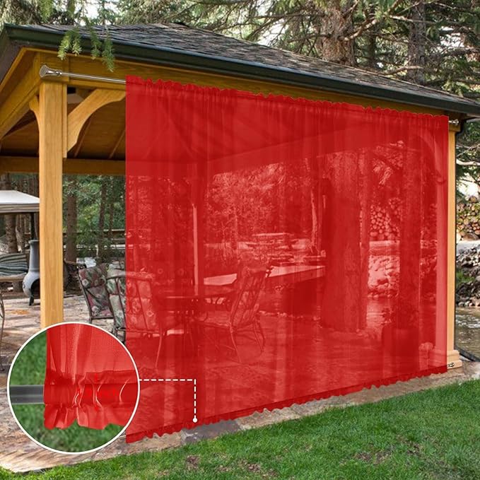 SpaceDresser Waterproof Outdoor Sheer Curtains for Patio - 2 Panels Rod Pocket Indoor Voile Sheer Curtain for Living Room,100W x 96L inch, Red