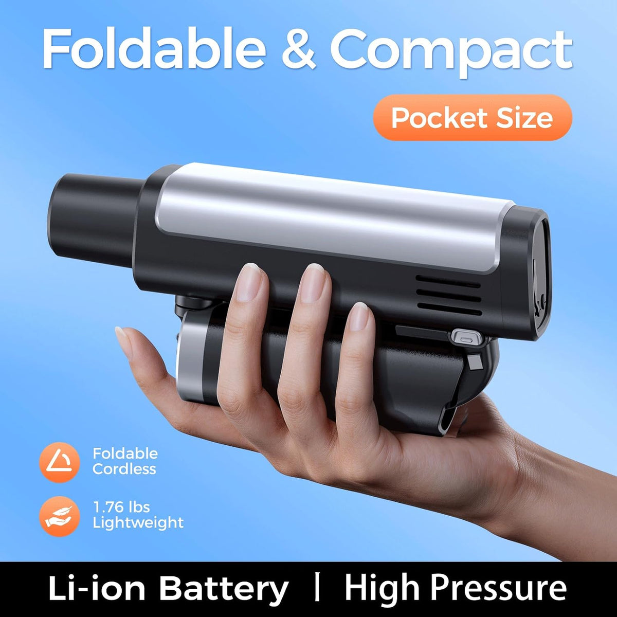 foldable pressure washer,handheld built-in battery power washer, close-up detail